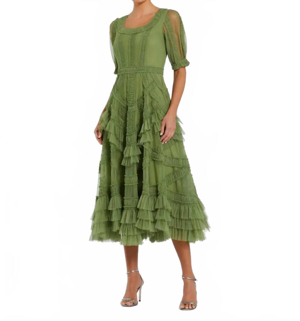 NEW MAC DUGGAL ruffle midi dress in moss green